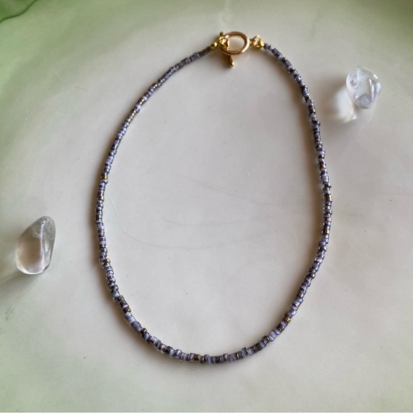 Heather Seed Bead Necklace Grey Purple & Gold Tone Beaded Choker Minimalist - Picture 4 of 5